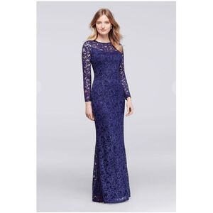 Marina Long Sleeve Illusion Neckline Sequined Lace Dress in Cobalt Blue